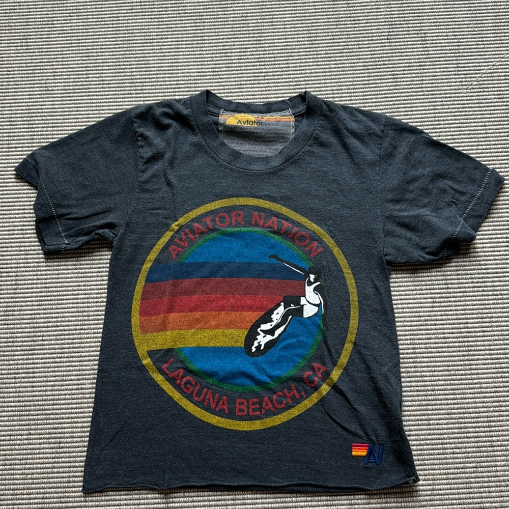 AVIATOR NATION LAGUNA BEACH BOYFRIEND TEE - HEATHER dark gray/blue. Size XS.